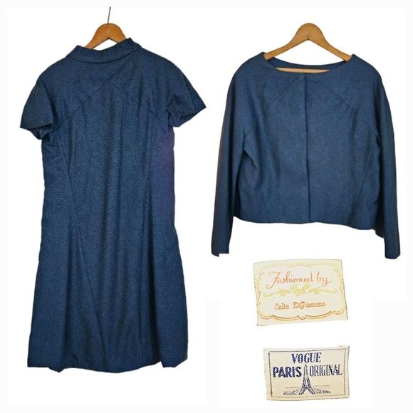 Vintage '50s Hand Made Mock Neck Short Sleeve Blue Wool Dress & Jacket Set 8 - Picture 1 of 12